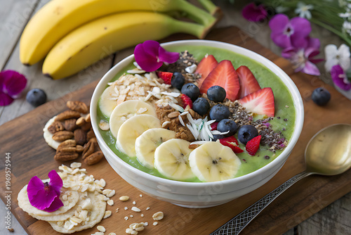 Healthy green smoothie bowl with fresh fruit, nuts, and edible flowers on a wooden board