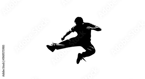 Silhouette of a man performing a dynamic kick action in mid-air with kung
