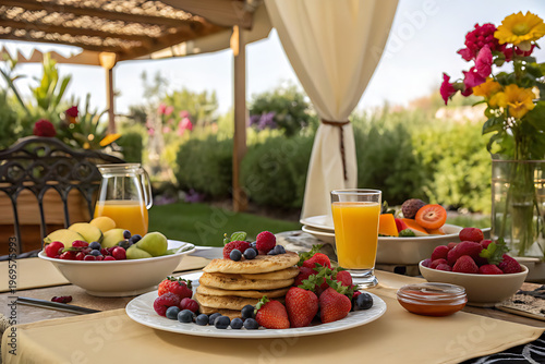 Delicious breakfast with pancakes, fresh berries, and orange juice on a sunny patio table