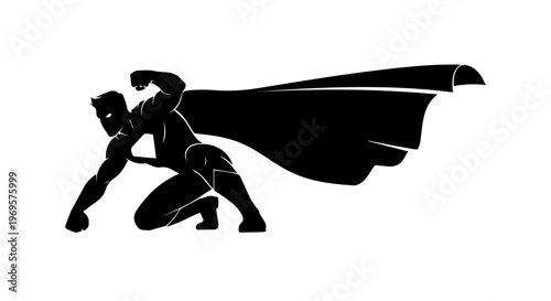 Silhouette of a superhero in a dynamic pose with a cape with crime fighter