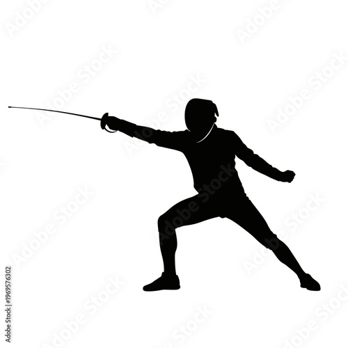 Fencer in fighting stance with sword.
