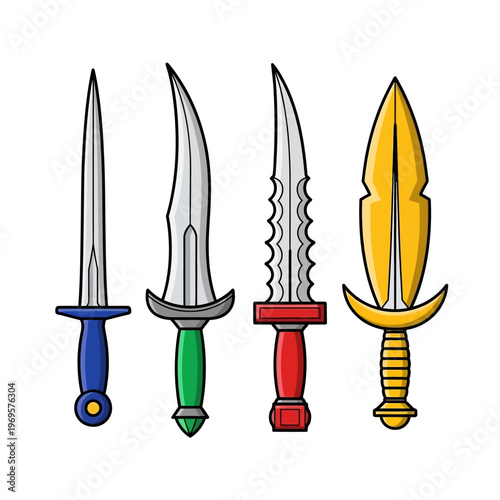 Four cartoon style colorful dagger knives.