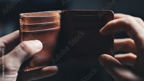 Hands opening empty brown leather wallet revealing card slots and worn texture