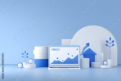 Laptop with rising graph and house with coins, concept of investment, finance and asset growth in minimal blue scene