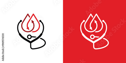 Blood donation logo with stethoscope and blood drops on red background.