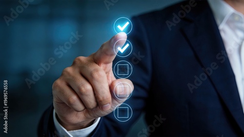 Photography Businessman selecting options on digital interface hand touching glowing checkma