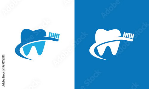 Dental care logo design with tooth and toothbrush illustration.