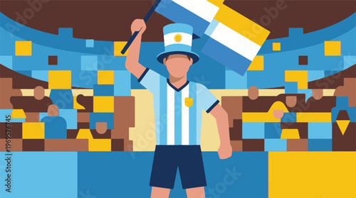 Stylized illustration of an Argentinian soccer fan with flag in stadium