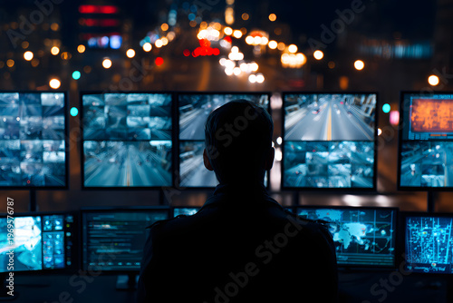 Security operator monitoring city through multiple screens, concept of AI surveillance and smart security technology