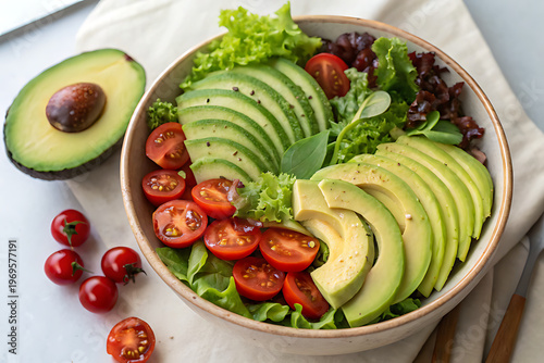Fresh avocado salad with cherry tomatoes in a bowl on a light background