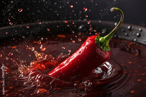 Fresh red chili pepper falling into a bowl of spicy sauce creating a dynamic splash with droplets