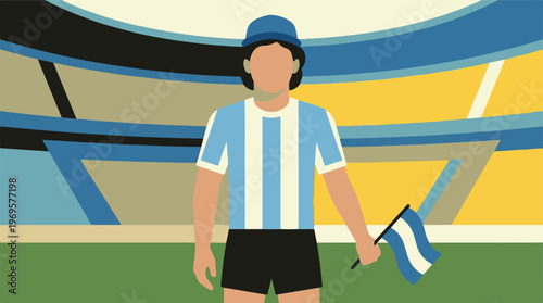 Stylized illustration of a soccer player holding an Argentinian flag