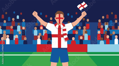 Excited English football fan celebrating in a stadium with flag and face paint