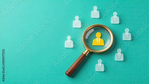 Canvastavla Magnifying glass highlighting one yellow business person among group of white ic