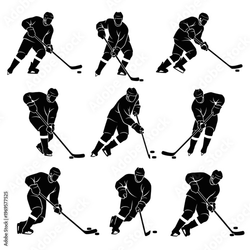 Hockey players in various positions skating.