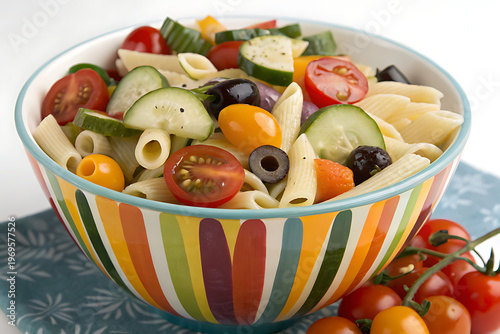 Fresh pasta salad with penne, cherry tomatoes, cucumbers, and black olives in a colorful striped bowl