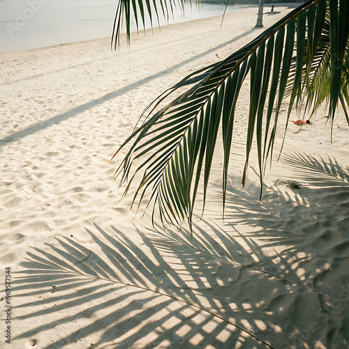 Palm tree frond casting a long shadow on a sandy beach at sunrise