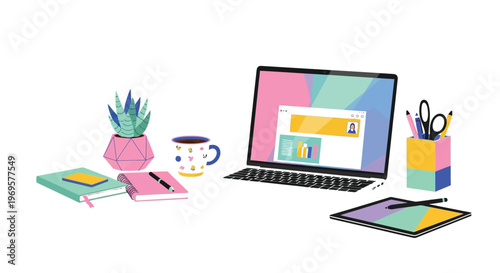 This vibrant and aesthetically pleasing digital workspace, featuring a laptop displaying design elements, a graphic tablet for artistic creation, and an organized desk with notebooks and a plant, perf