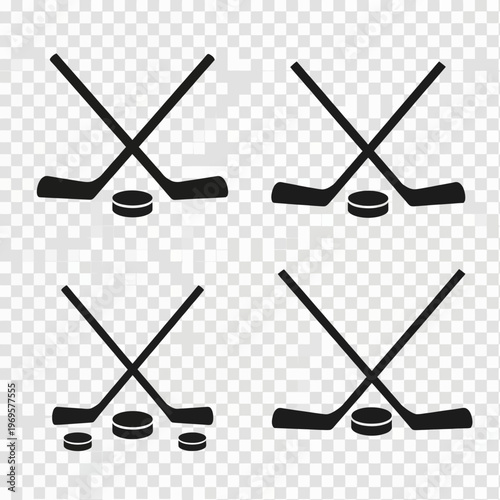 Hockey sticks and puck icons set.