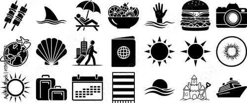 Black and white vector icons for summer vacation travel and tourism concepts