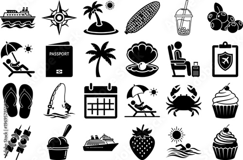 Black and white vector icons for summer vacation travel and tourism concepts