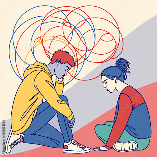 A man and woman sit on floor with troubled thoughts