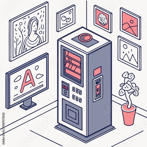 A vending machine with various pictures on the wall