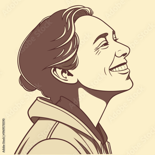 A smiling woman with short hair looking to the right