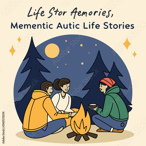 Three people sitting around a campfire at night