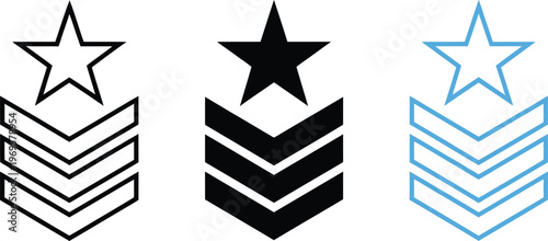 Rank insignia icon set, modern star and chevron symbols featuring military style rank icons isolated on white background for professional branding design.
