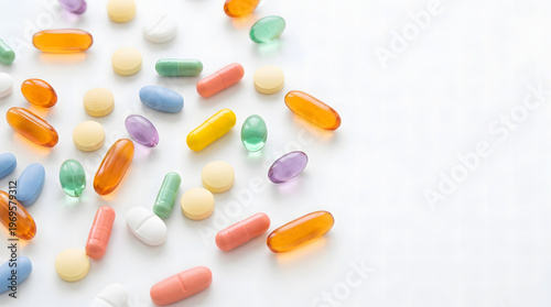 Assorted colorful vitamin capsules and supplement tablets scattered on a clean white background.