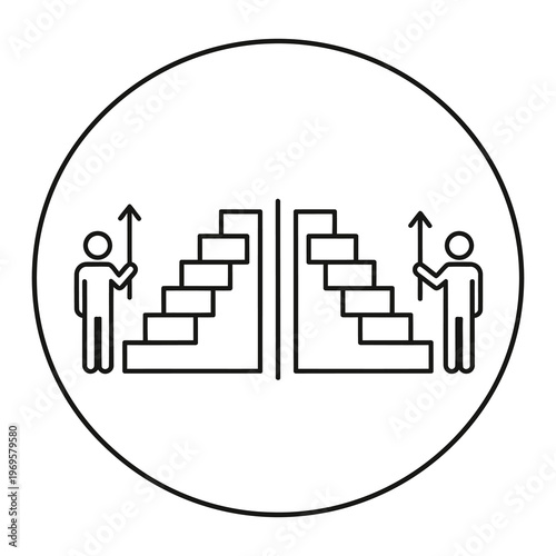 Staircase comparison with people pointing to arrows in circle icon