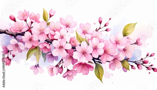 Pink cherry blossom branch green leaves white background vibrant pink cherry blossoms with lush green foliage isolated