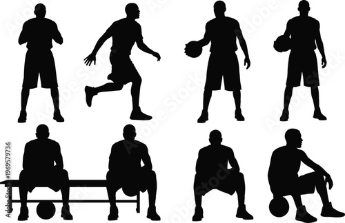 Urban basketball concept with player silhouettes over city infrastructure, elevated walkway and modern architecture background, sports lifestyle, street culture, active motion and fitness theme