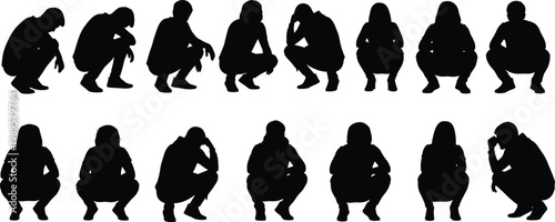 Set of human silhouettes in squatting poses showing different body positions, contemplation, rest and urban lifestyle, minimal black figures isolated on white background