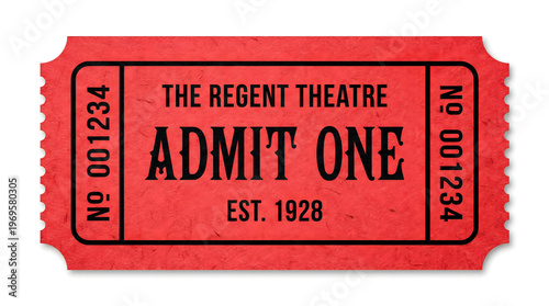 A vintage red admit one movie ticket stub isolated on a white background with textured paper surface and black typography for theater events