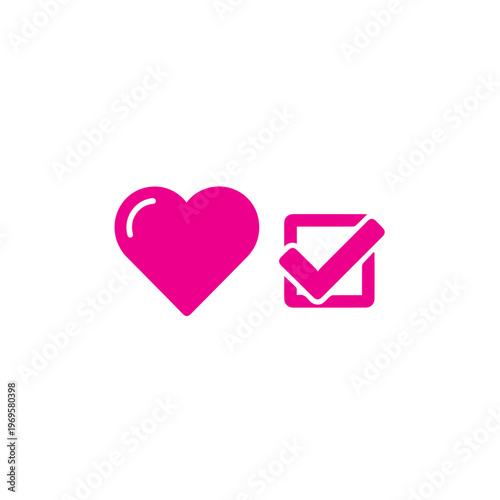 A magenta heart shape alongside a magenta checkmark within a square outline represents a positive decision or selection.