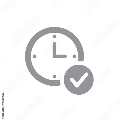 Monochromatic clock symbol with a checkmark signifies a completed task and approved time.