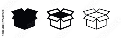 Unboxing open box icons set in solid, bold outline, and thin outline styles for e-commerce concepts