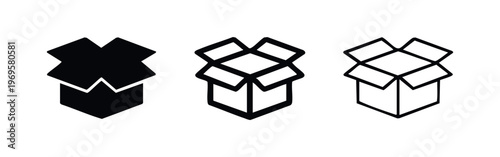 Open cardboard box icons set in solid, bold outline, and thin outline styles for shipping and delivery