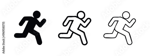 Running man icon set. Simple runner symbol in various styles: filled, bold outline, and thin outline.