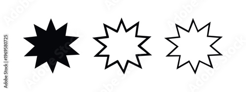 Exploding star burst icon set. Dynamic boom, comic, or notification symbols in filled, bold outline, and thin outline styles.