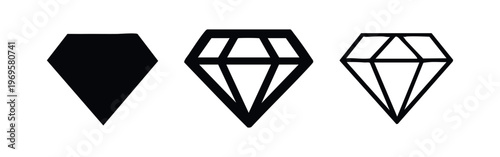 Diamond gemstone icon set. Simple luxury and precious stone symbols in filled, bold outline, and thin outline styles.