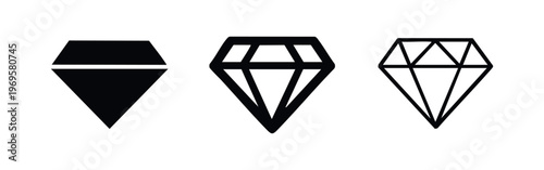 Diamond gemstone icon set. Geometric luxury and precious stone symbols in various styles including a detailed filled version.