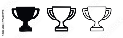 Trophy cup icon set. Simple reward and achievement symbols in filled, bold outline, and thin outline styles.