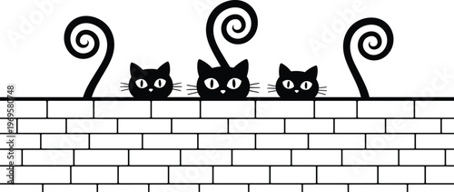 Cute cats peeking over brick wall vector illustration, playful pet design, minimalist black white graphic, animal curiosity concept, decorative scene