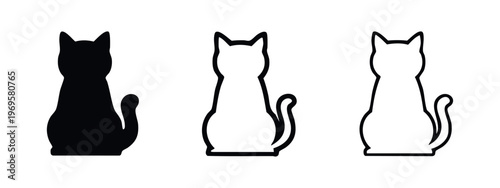 Cat silhouette icon set with tail. Black solid, outlined, and thin line cats sitting from behind.