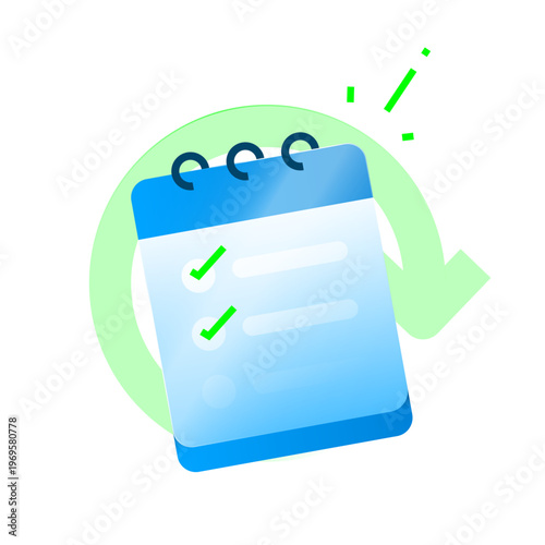 Modern flat vector illustration of calendar with checklist marks, circular arrows. daily routine, habit tracking, consistency, productivity cycle, and task repetition