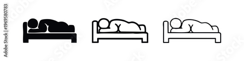 Sleeping person in bed icon set. Man or woman sleeping on stomach in solid, outlined, and thin line styles.