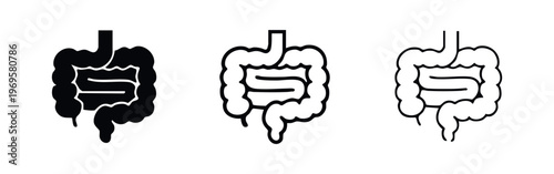 Human intestines icon set. Digestive system anatomy in black solid, outlined, and thin line styles.